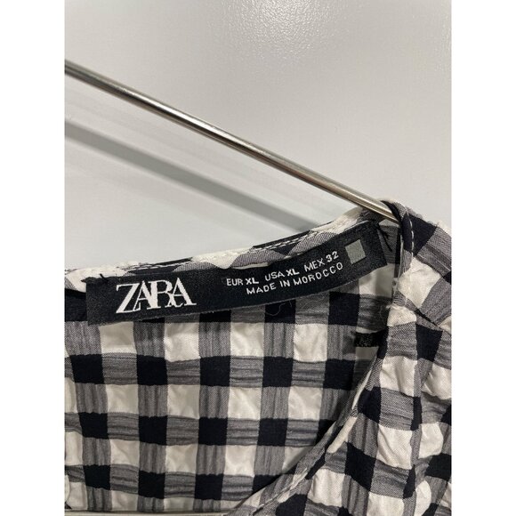 Zara Mini Dress Size XL Tiered Gingham Short Sleeve Textured Black White Ruffle - Picture 3 of 9
